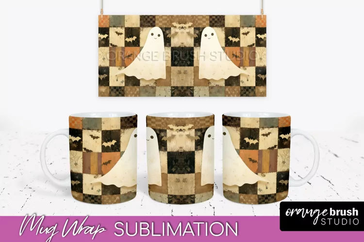 Ghost Mug Wrap - Patchwork Halloween Mug Sublimation