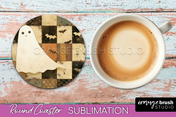 Ghost Coaster, Patchwork Halloween Round Coaster Sublimation