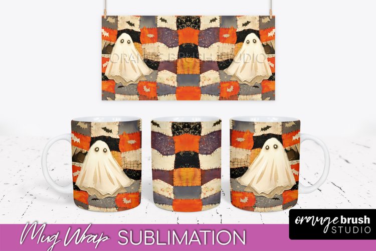 Ghost Mug Wrap - Patchwork Halloween Mug Sublimation example image 1
