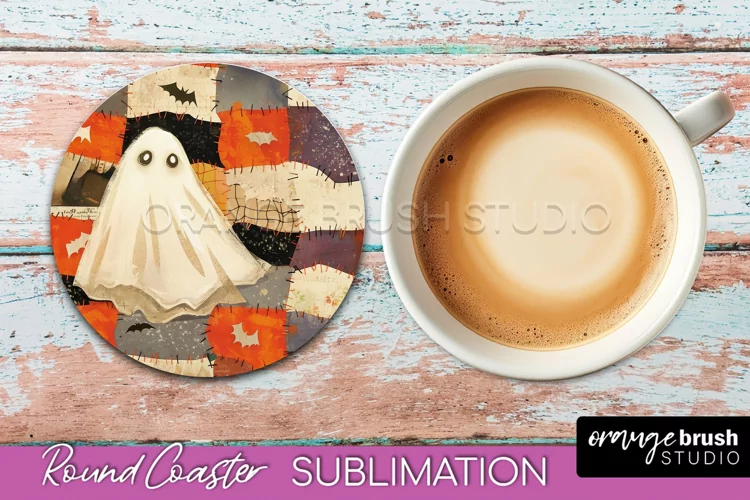 Ghost Coaster, Patchwork Halloween Round Coaster Sublimation