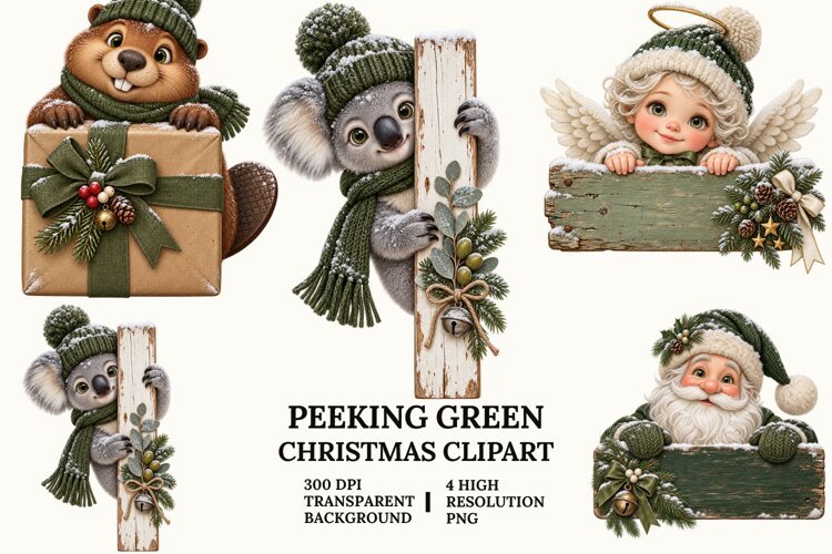 Peeking Christmas Clipart with Koala, Beaver and Angel PNG example image 1