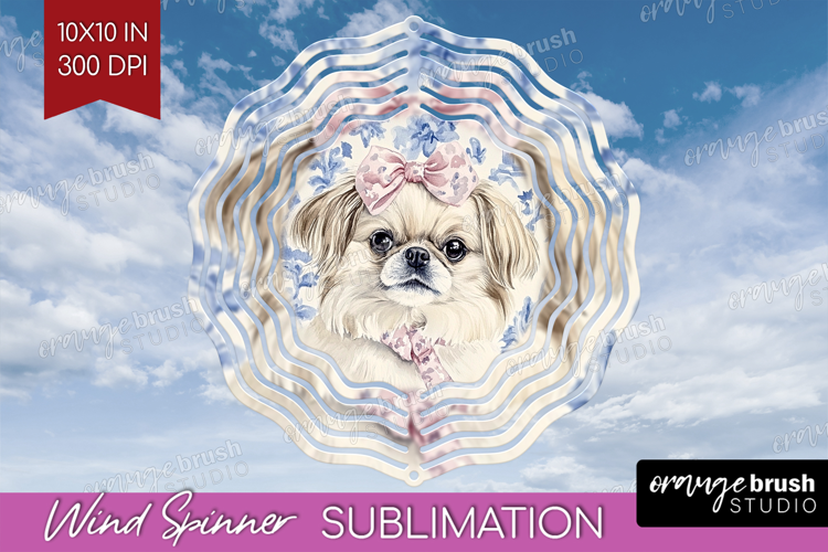 Pekingese Dog Wind Spinner Sublimation PNG Blue Toile Round