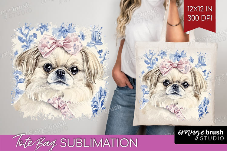 Pekingese Dog Tote Bag Blue Toile Tote Bag PNG Sublimation