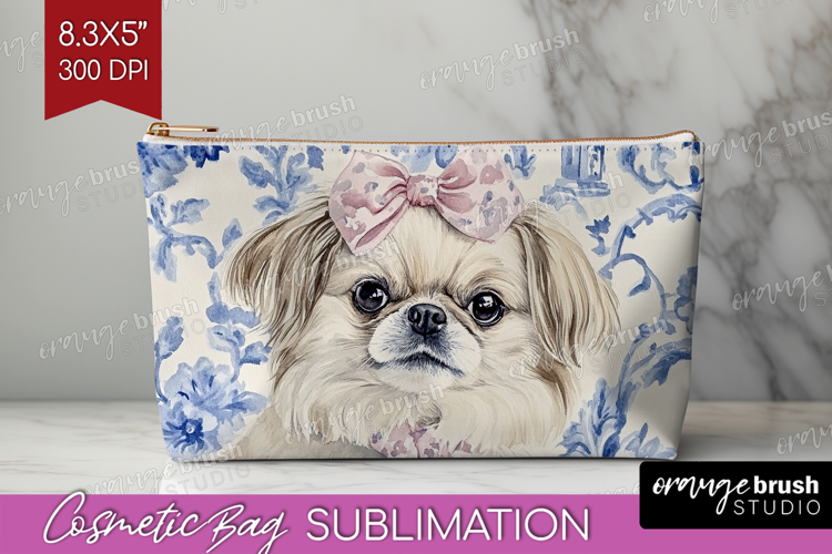 Pekingese Dog Cosmetic Bag Blue Toile Makeup Bag PNG
