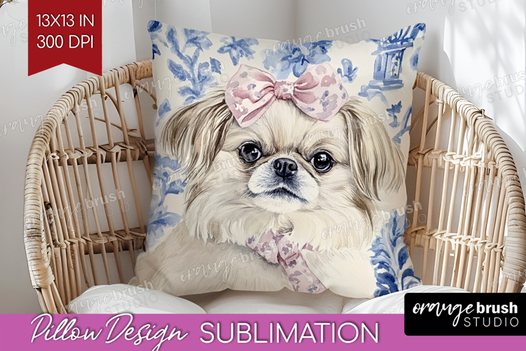 Pekingese Dog Pillow Sublimation Blue Toile Pillow Cover PNG