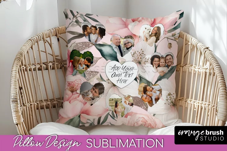 Family Photo Frame Pillow Sublimation - Floral Pillow Cover