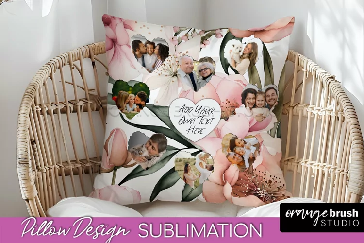 Family Photo Frame Pillow Sublimation - Floral Pillow Cover