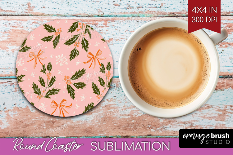 Pink Christmas Round Coaster - Coquette Xmas Coaster PNG