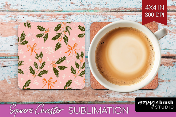 Pink Christmas Square Coaster - Coquette Xmas Coaster PNG