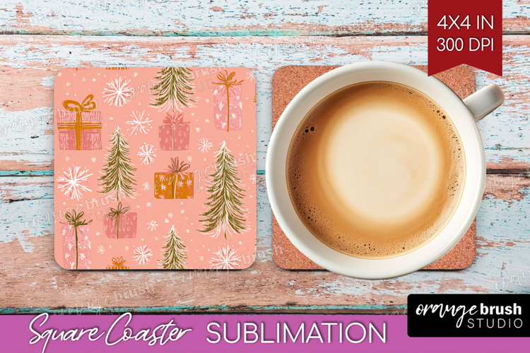 Pink Christmas Square Coaster - Coquette Xmas Coaster PNG