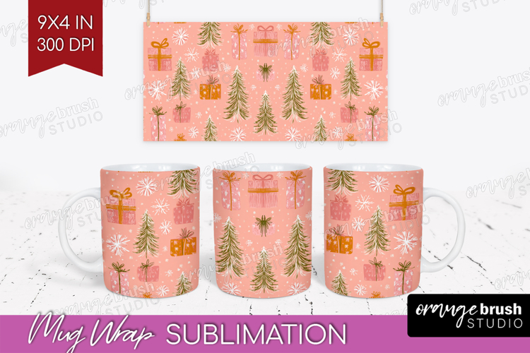 Pink Christmas Mug Wrap - Coquette Xmas Mug PNG Sublimation
