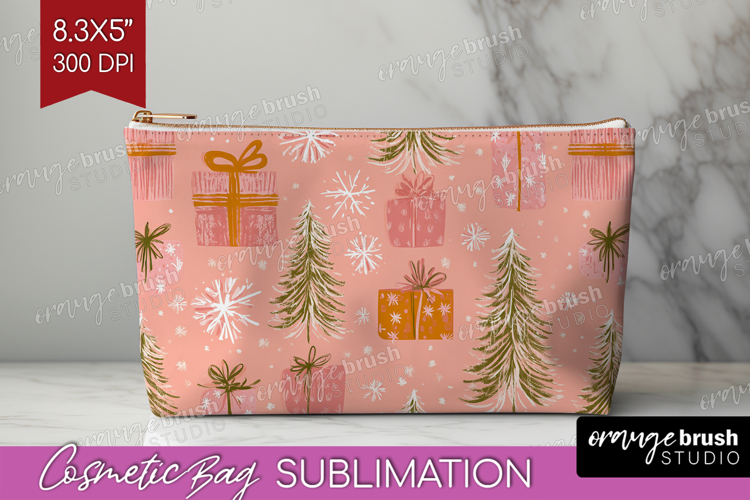 Pink Christmas Cosmetic Bag - Coquette Xmas Makeup Bag PNG