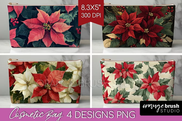 Poinsettia Cosmetic Bag - Christmas Makeup Bag PNG
