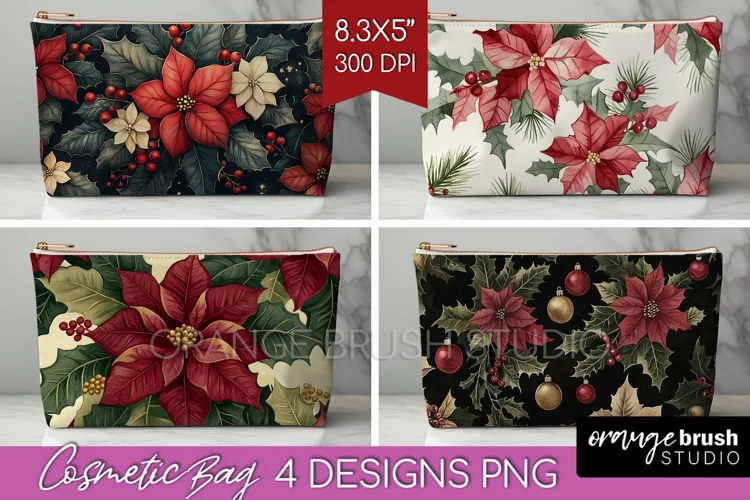 Poinsettia Cosmetic Bag - Christmas Makeup Bag PNG