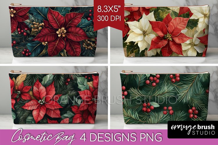 Poinsettia Cosmetic Bag - Christmas Makeup Bag PNG example image 1