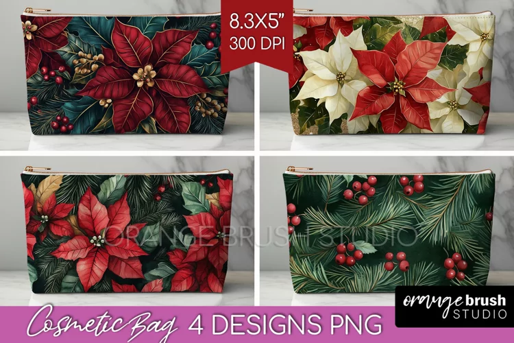 Poinsettia Cosmetic Bag - Christmas Makeup Bag PNG