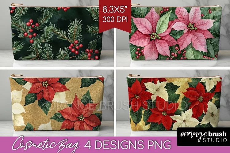 Poinsettia Cosmetic Bag - Christmas Makeup Bag PNG