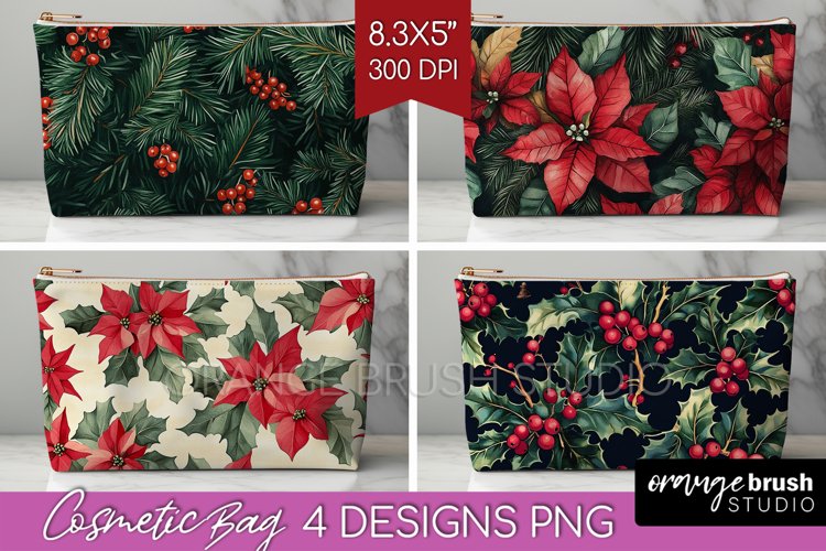 Poinsettia Cosmetic Bag - Christmas Makeup Bag PNG example image 1