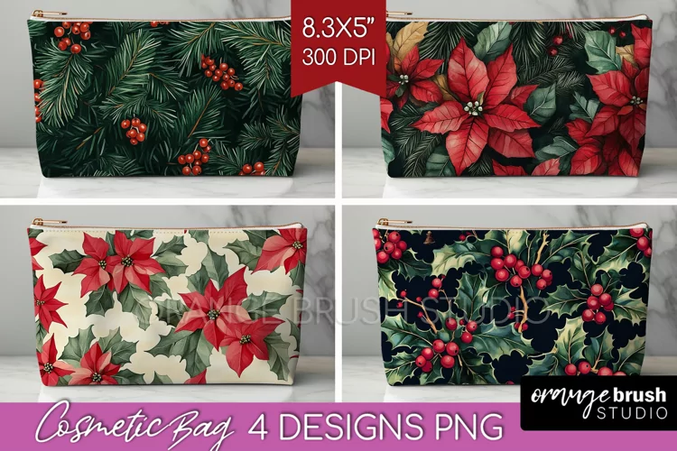 Poinsettia Cosmetic Bag - Christmas Makeup Bag PNG