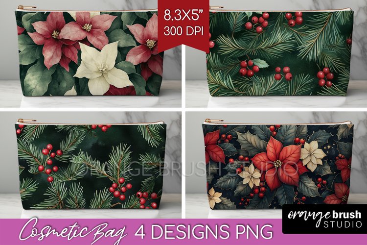 Poinsettia Cosmetic Bag - Christmas Makeup Bag PNG example image 1