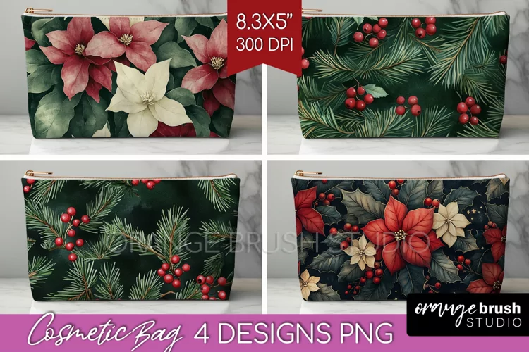Poinsettia Cosmetic Bag - Christmas Makeup Bag PNG