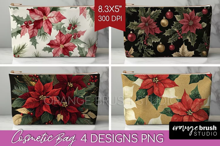 Poinsettia Cosmetic Bag - Christmas Makeup Bag PNG