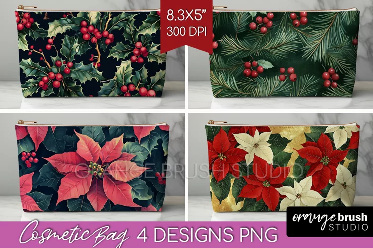 Poinsettia Cosmetic Bag - Christmas Makeup Bag PNG