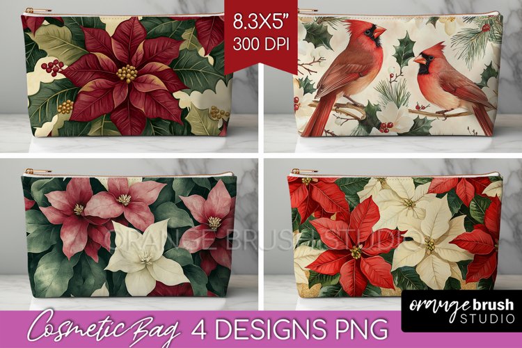 Poinsettia Cosmetic Bag - Christmas Makeup Bag PNG example image 1