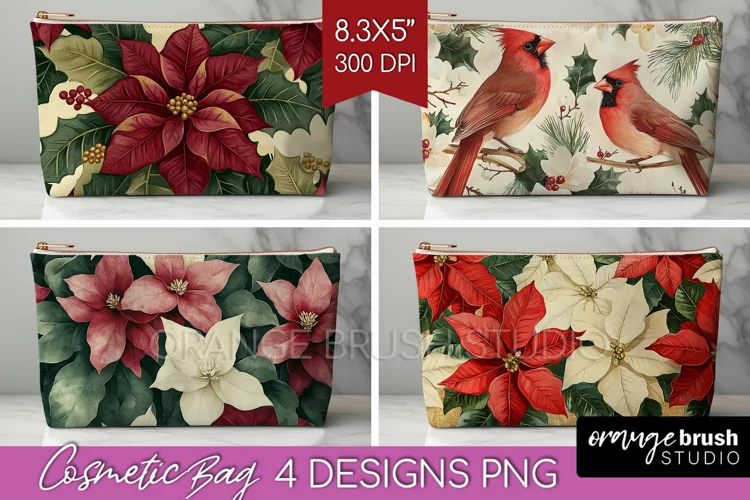 Poinsettia Cosmetic Bag - Christmas Makeup Bag PNG