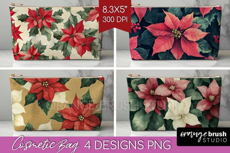 Poinsettia Cosmetic Bag - Christmas Makeup Bag PNG