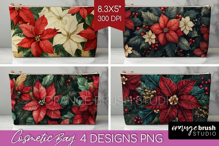 Poinsettia Cosmetic Bag - Christmas Makeup Bag PNG