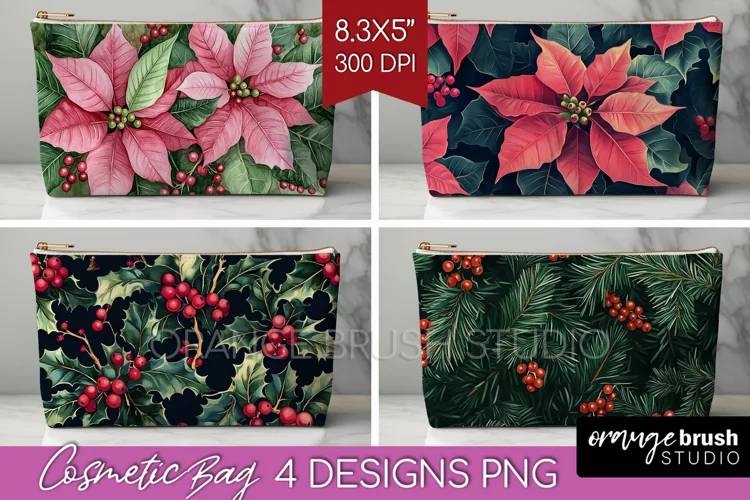Poinsettia Cosmetic Bag - Christmas Makeup Bag PNG