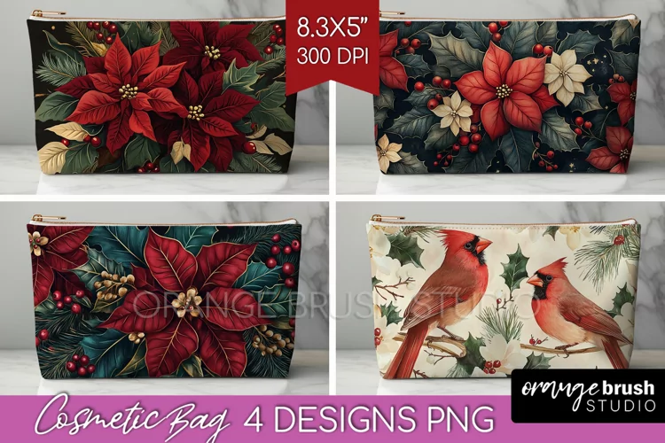 Poinsettia Cosmetic Bag - Christmas Makeup Bag PNG