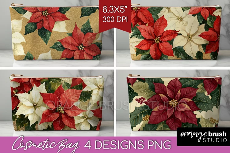 Poinsettia Cosmetic Bag - Christmas Makeup Bag PNG