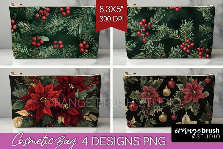 Poinsettia Cosmetic Bag - Christmas Makeup Bag PNG