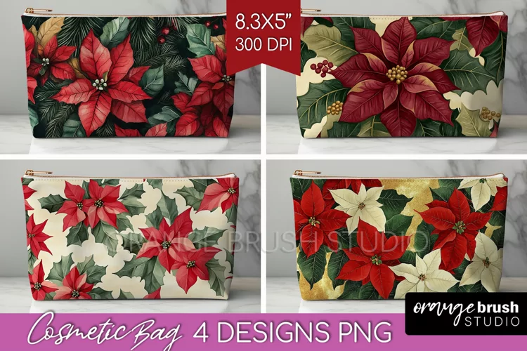 Poinsettia Cosmetic Bag - Christmas Makeup Bag PNG