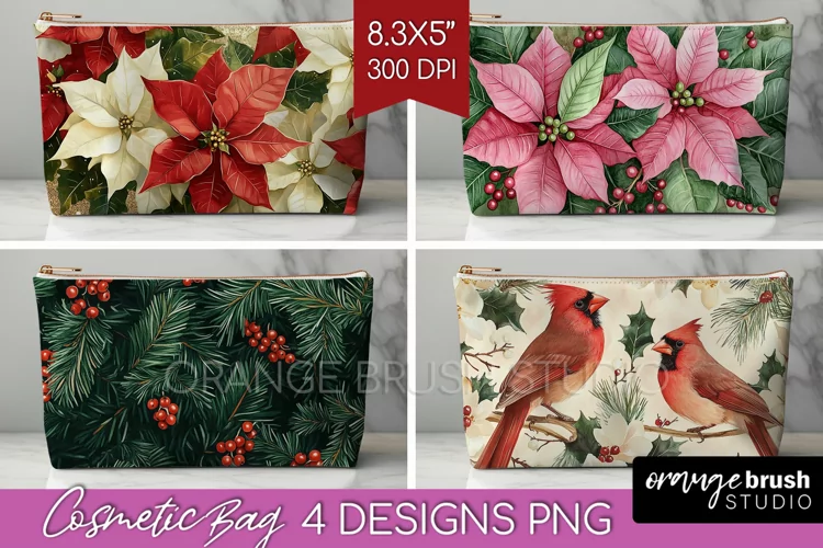 Poinsettia Cosmetic Bag - Christmas Makeup Bag PNG