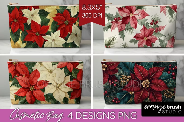 Poinsettia Cosmetic Bag - Christmas Makeup Bag PNG
