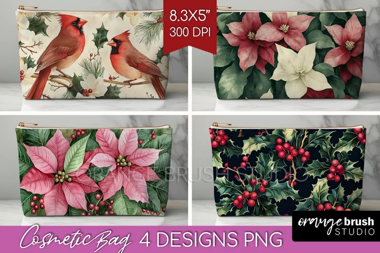 Poinsettia Cosmetic Bag - Christmas Makeup Bag PNG
