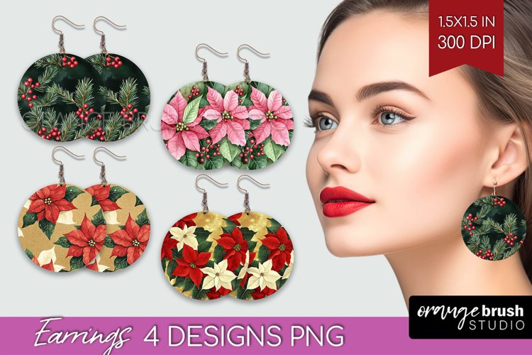 Poinsettia Round Earrings - Christmas PNG Sublimation