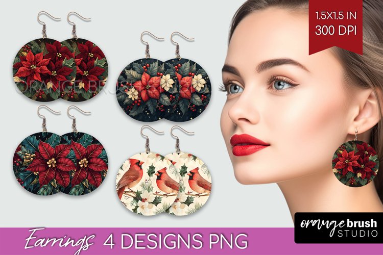 Poinsettia Round Earrings - Christmas PNG Sublimation