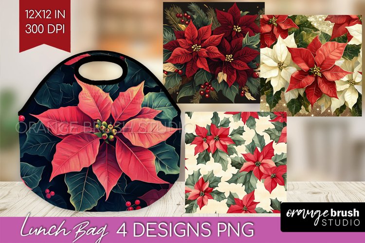 Poinsettia Lunch Bag - Christmas Lunch Bug PNG Sublimation example image 1