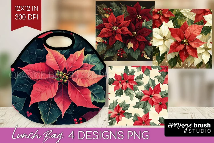 Poinsettia Lunch Bag - Christmas Lunch Bug PNG Sublimation