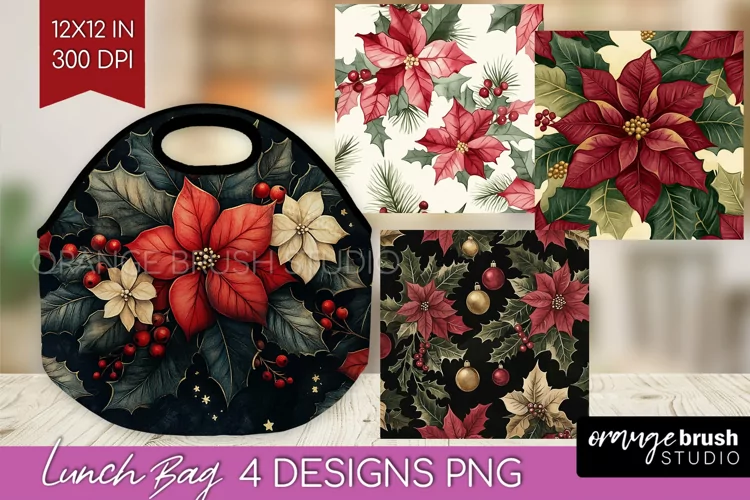 Poinsettia Lunch Bag - Christmas Lunch Bug PNG Sublimation