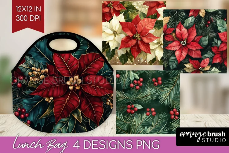 Poinsettia Lunch Bag - Christmas Lunch Bug PNG Sublimation