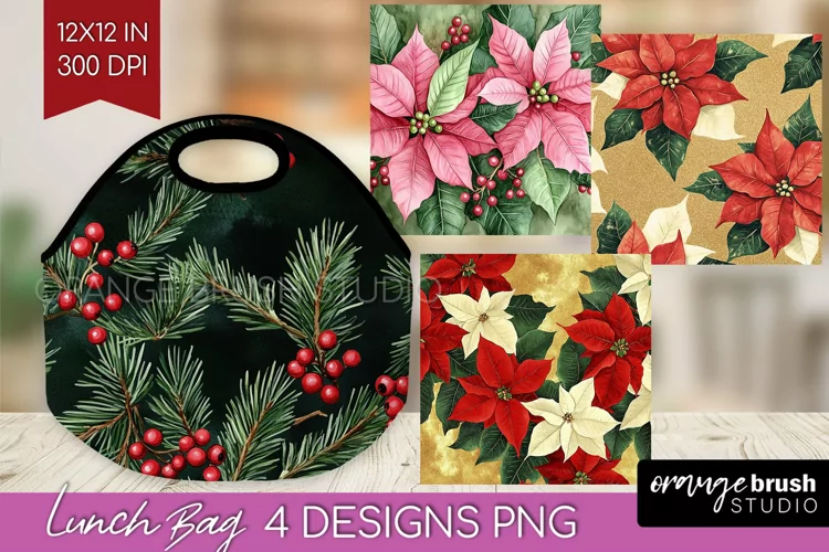 Poinsettia Lunch Bag - Christmas Lunch Bug PNG Sublimation