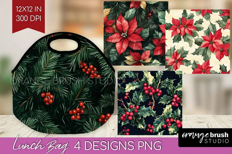 Poinsettia Lunch Bag - Christmas Lunch Bug PNG Sublimation