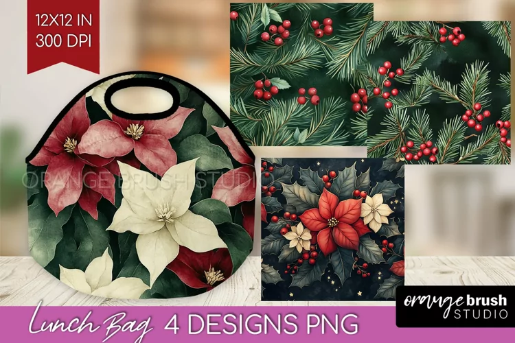 Poinsettia Lunch Bag - Christmas Lunch Bug PNG Sublimation