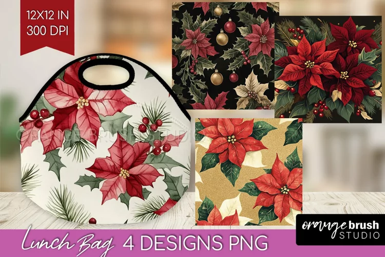 Poinsettia Lunch Bag - Christmas Lunch Bug PNG Sublimation