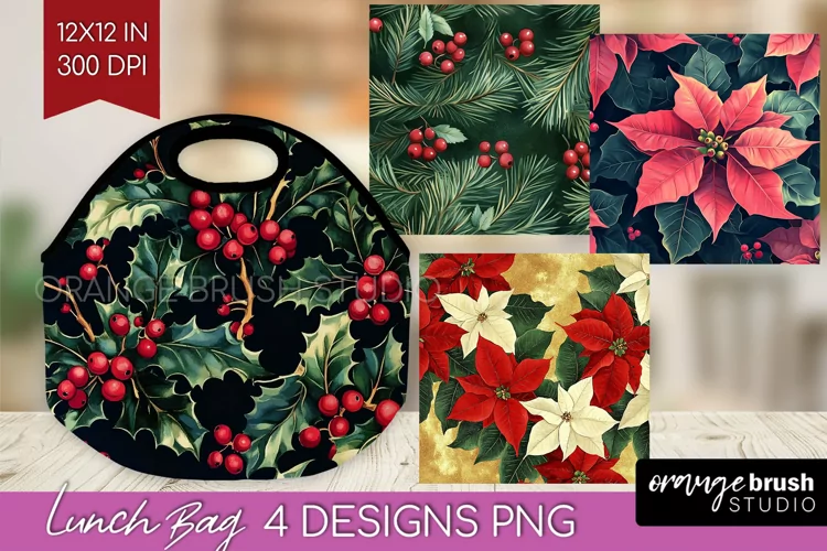 Poinsettia Lunch Bag - Christmas Lunch Bug PNG Sublimation